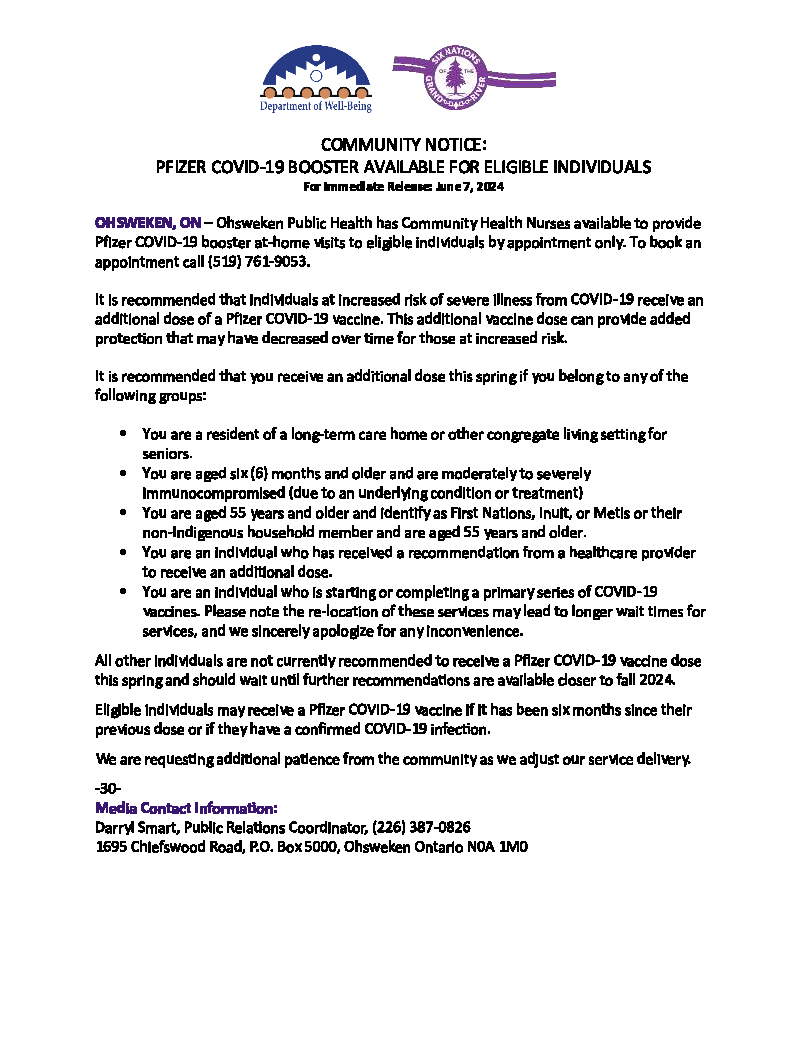 COMMUNITY NOTICE: PFIZER COVID-19 BOOSTER AVAILABLE FOR ELIGIBLE INDIVIDUALS